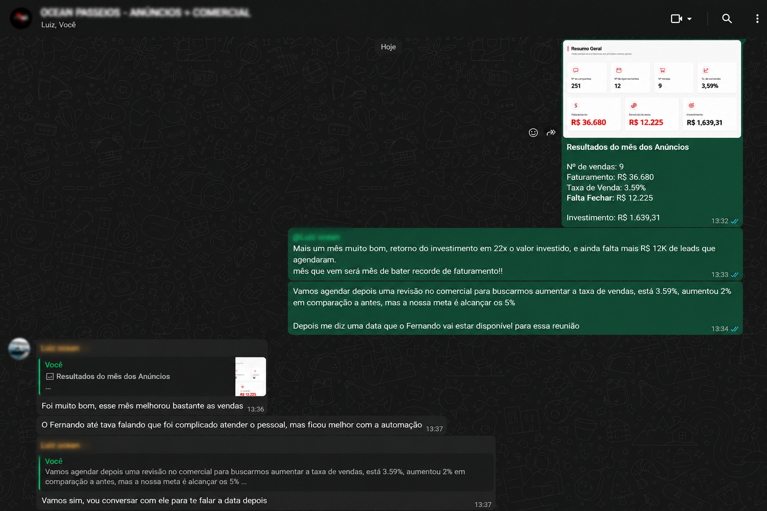 Print de conversa com resumo geral de faturamento e retorno de 22x do cliente